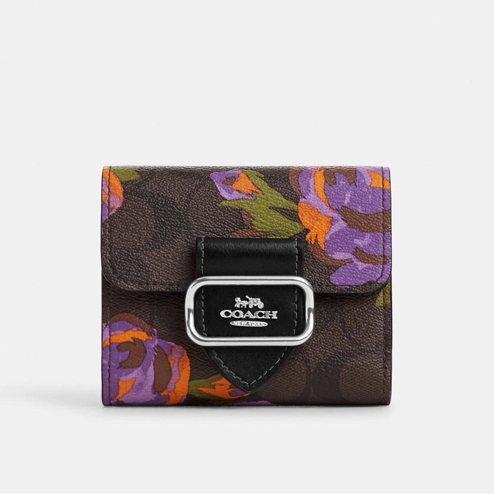 Coach Floral Leather Trifold Wallet — Brown, Purple, Orange, Green